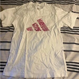adidas White T-Shirt with Pink Patterned Logo